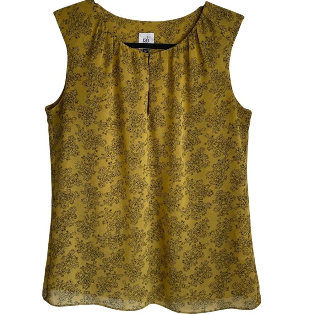 CAbi Paisley Sleeveless Top Sz S Mustard Yellow Black Keyhole #3617 Career Chic